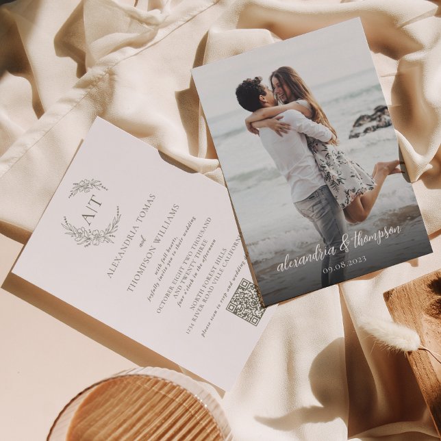 Invitation Simple Sage Green Photo Code QR Mariage RSVP (Créateur téléchargé)