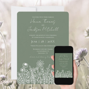 Invitation Simple Sage Green Wildflower Minimalist Wedding