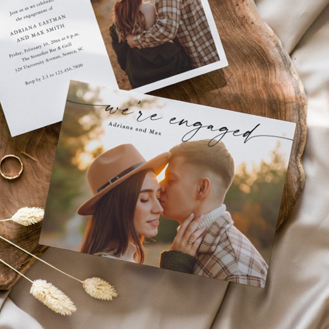 Invitation Simple Script 2 Photo Fiançailles Mariage (Elegant Handwritten Script 2 Photo Engagement Photo Announcement Invitation.)