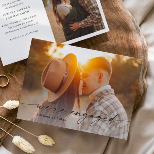 Invitation Simple Script 2 Photo Mariage Fiançailles (Elegant Handwritten Script 2 Photo Engagement Photo Announcement Invitation.)