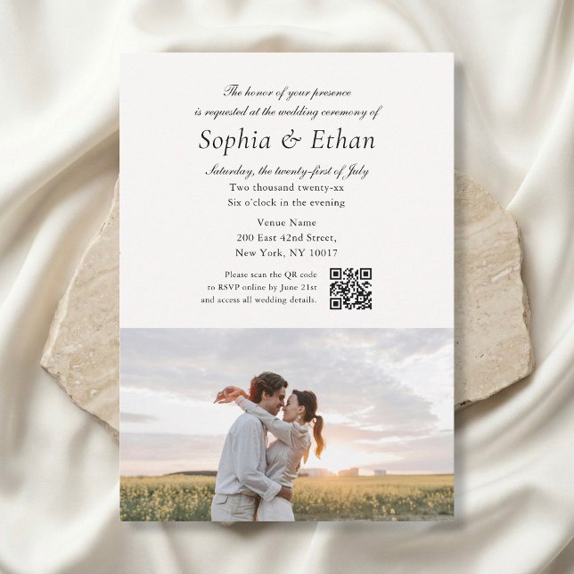 Invitation Simple Script 2 Photo QR Code Off White Wedding (Créateur téléchargé)