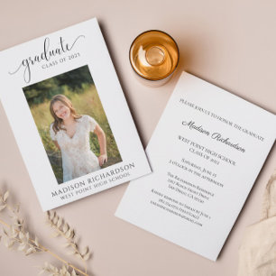 Invitation Simple Script Black & White Photo Graduation Party