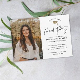 Invitation Simple Script Black & White Photo Graduation Party
