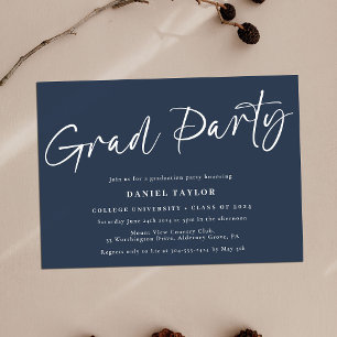 Invitation Simple Script Blue White Graduation Party