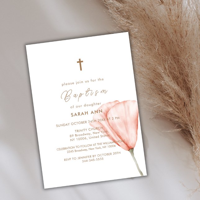 Invitation Simple Script Boho Floral Gold Cross Baptême (Simple Script Boho Floral Gold Cross Baptism Invitation)