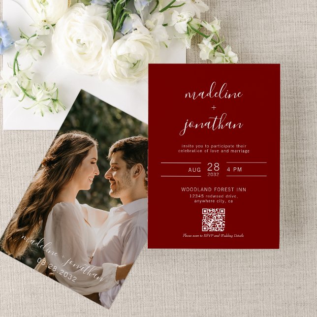 Invitation Simple Script Burgundy Red Photo QR Code Mariage (Créateur téléchargé)