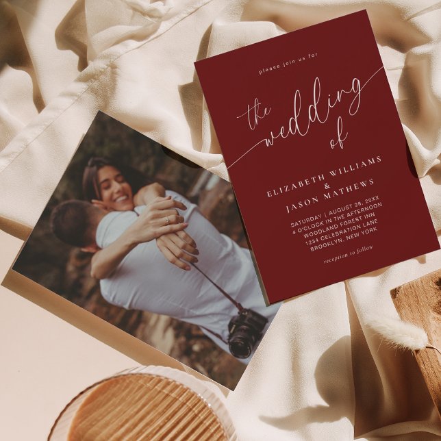 Invitation Simple Script Calligraphie Bourgogne Mariage photo (Créateur téléchargé)