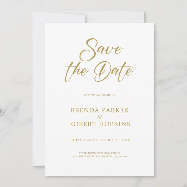 Invitation Simple Script Doré Sur Fond Blanc De Mariage Save  (Devant)