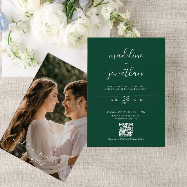 Invitation Simple Script Forest Green Photo QR Code Mariage (Créateur téléchargé)