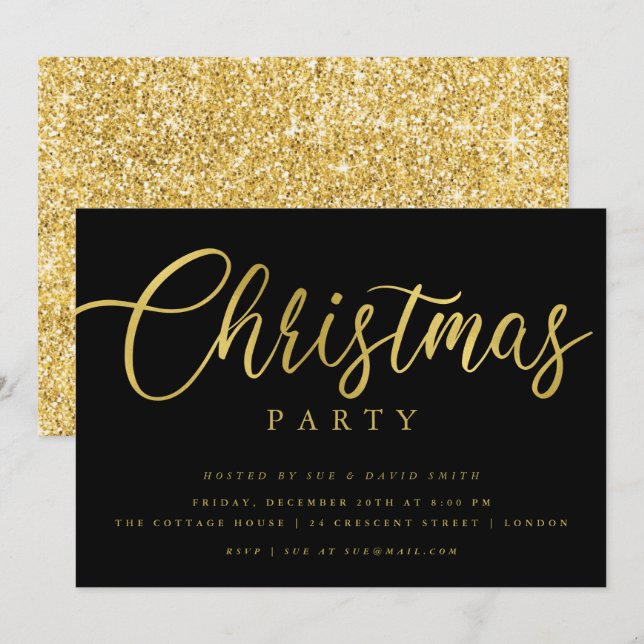 Invitation Simple Script Gold Black Mini Noël Party (Devant / Derrière)
