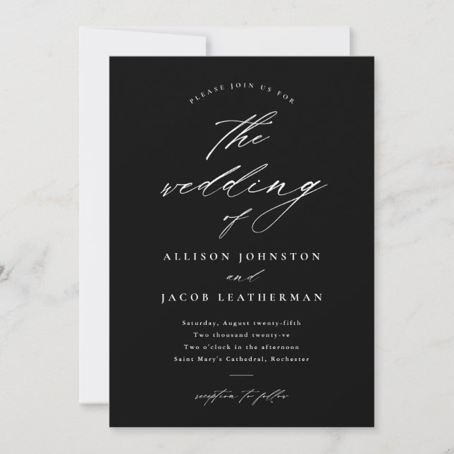 Invitation Simple Script Mariage Noir et Blanc (Devant)