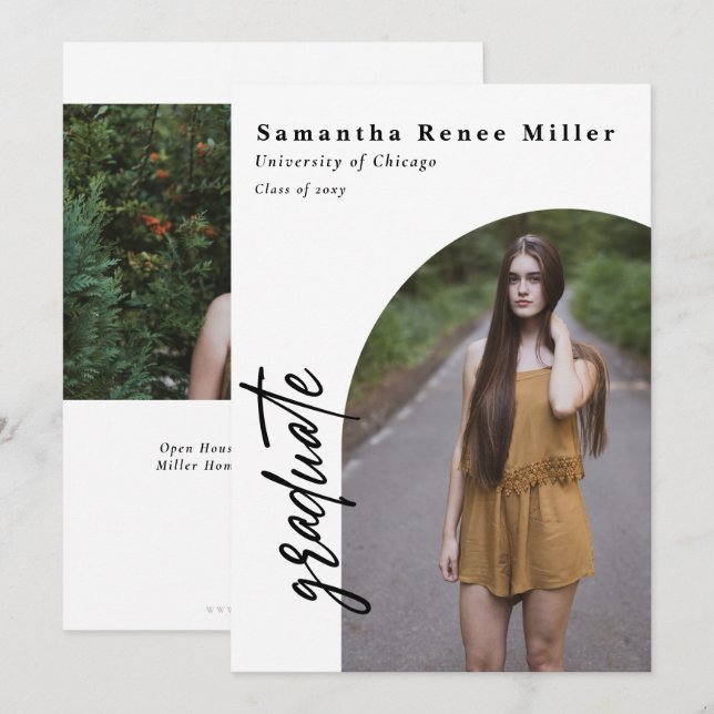 Invitation Simple Script Moderne Arch 2 Photo Remise des dipl (Devant / Derrière)