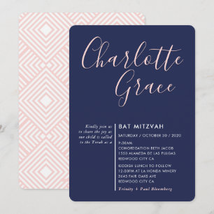 Invitation SIMPLE SCRIPT moderne Bat mitzvah marine bleu rose