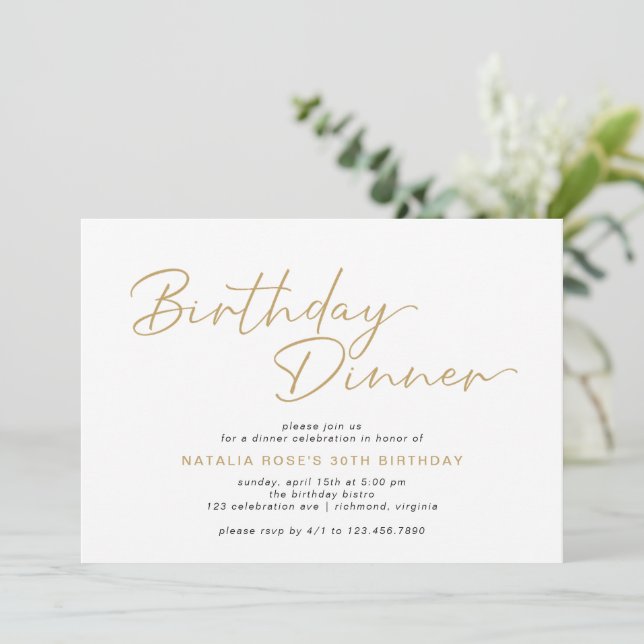 Invitation Simple Script Moderne Blanc & Or Anniversaire Dîne (Debout devant)