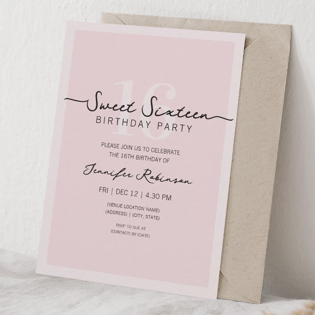 Invitation Simple Script Moderne Douce Rose Seize Ans (Simple Modern Script Sweet 16 Sixteen Blush Pink Invitation)