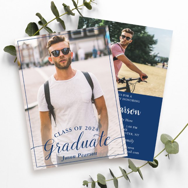 Invitation Simple Script moderne Marine Blue Graduation Photo (Créateur téléchargé)