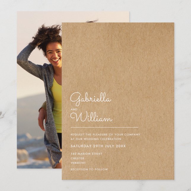 Invitation Simple Script Naturel Rustique Kraft Photo Mariage (Devant / Derrière)