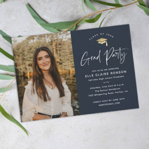 Invitation Simple Script Navy Blue Photo Graduation Party