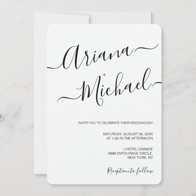 Invitation Simple Script noir blanc Décontracté mariage chic (Devant)