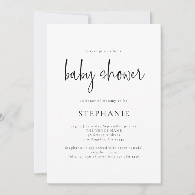 Invitation Simple Script noir blanc ou n'importe quel Baby sh (Devant)