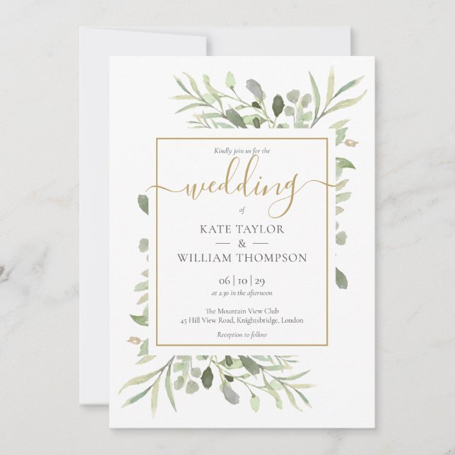 Invitation Simple Script Or Gold Feuillage Vert Mariage   (Devant)