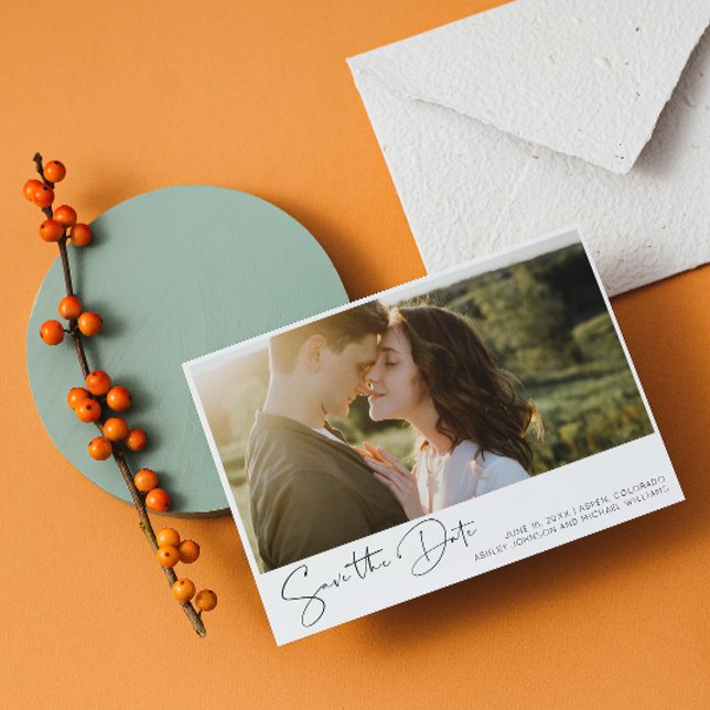 Invitation Simple Script Photo QR Code Photo Enregistrer la d (Save the Date for our wedding!  #LoveBegins)