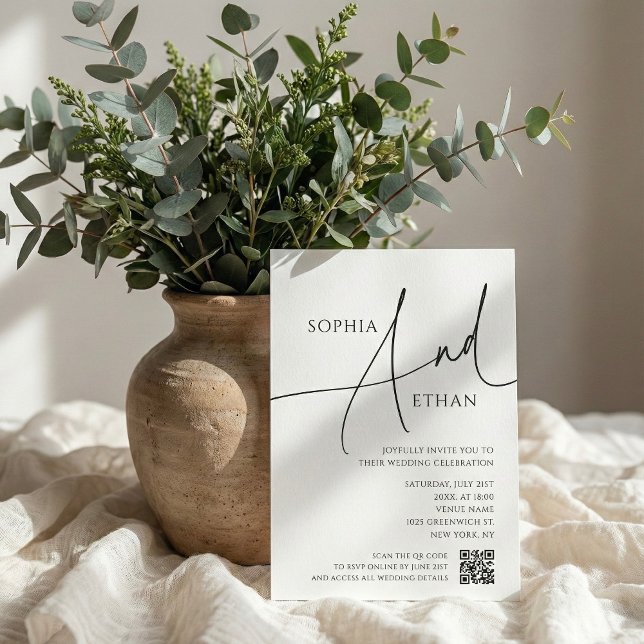 Invitation Simple Script Typography QR Code White Wedding (Créateur téléchargé)
