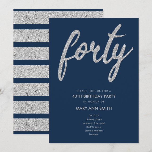 Invitation Simple Silver Navy Parties scintillant fête du 40e (Devant / Derrière)