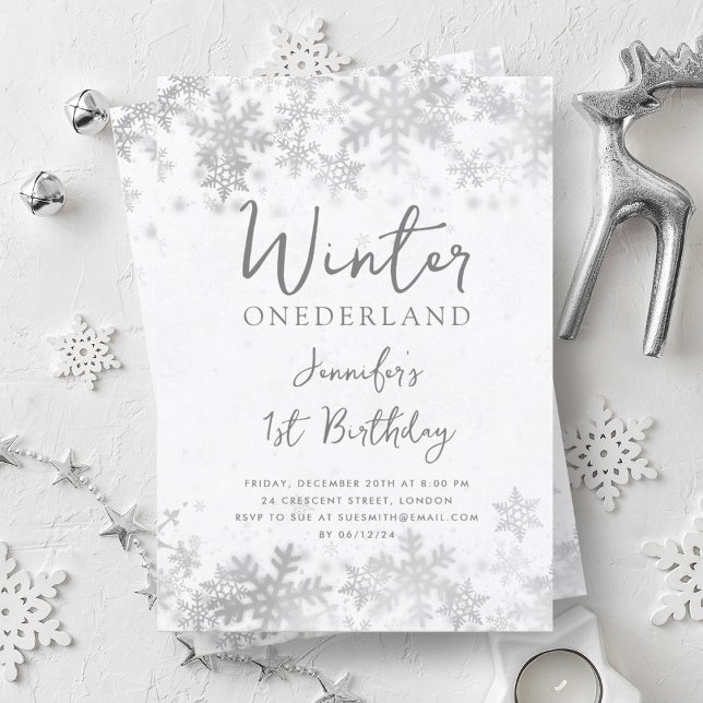 Invitation Simple Silver Winter ONEDERLAND 1er anniversaire (Simple Silver Winter ONEDERLAND 1st Birthday Invitation)