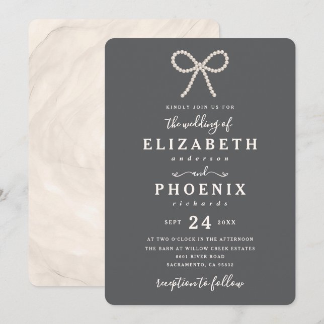 Invitation Simple Smoked Oyster Pearl Bow Trendy Wedding (Devant / Derrière)