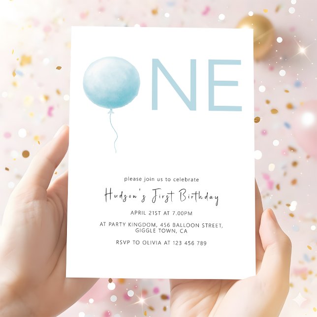 Invitation Simple Soft Blue Balloon Boy First Birthday (Créateur téléchargé)
