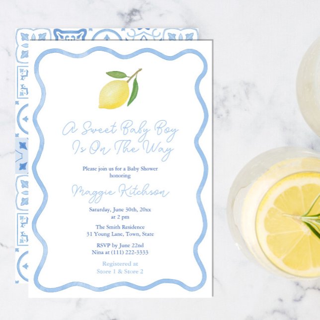 Invitation Simple Squiggle Bordure Lemon Sweet Baby Boy Douch (Blue And White wavy border baby shower invitation with lemon to welcome a sweet baby boy. )