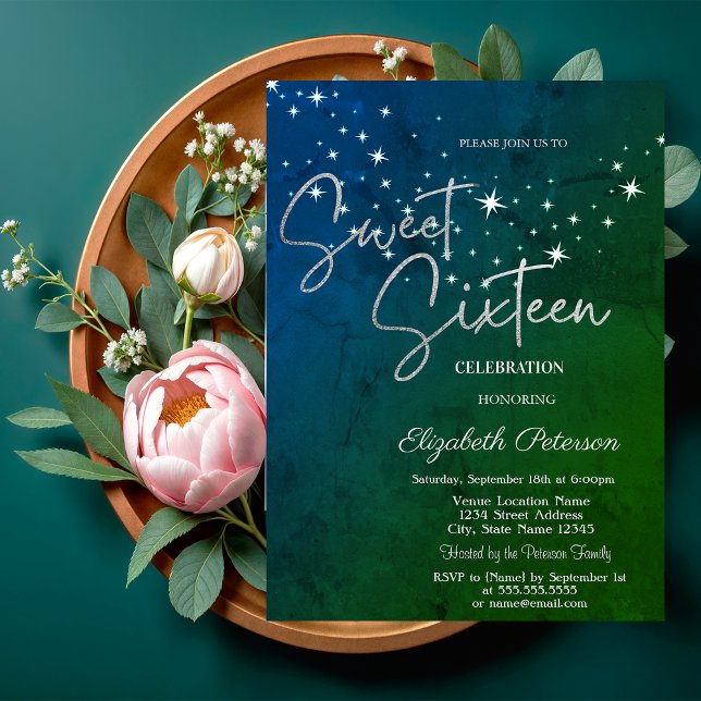 Invitation Simple Stars Green Sweet 16  (Créateur téléchargé)