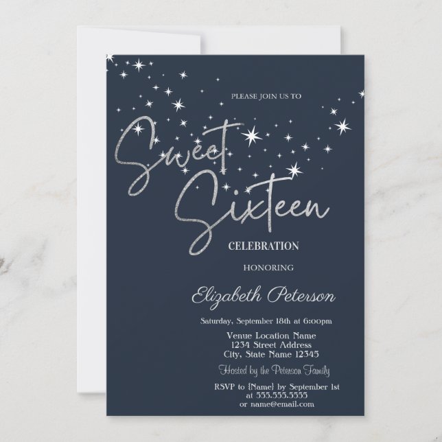 Invitation Simple Stars Navy Blue Sweet 16  (Devant)