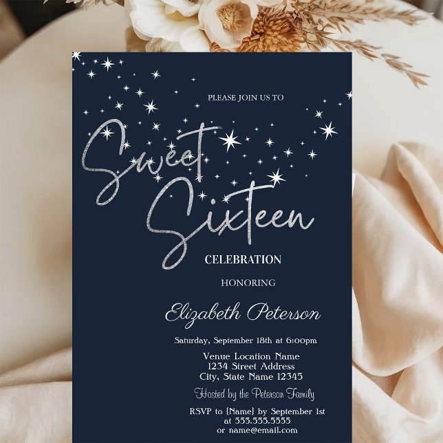 Invitation Simple Stars Navy Blue Sweet 16  (Créateur téléchargé)