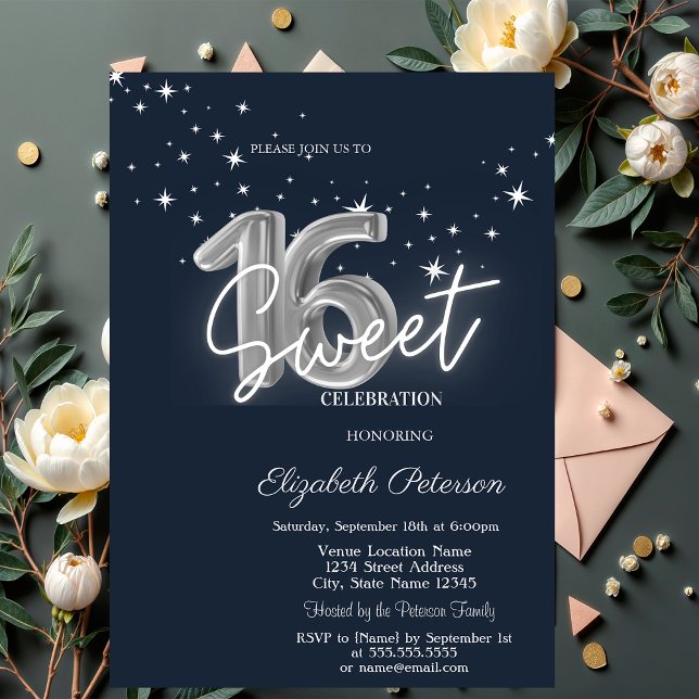 Invitation Simple Stars Navy Blue Sweet 16  (Créateur téléchargé)