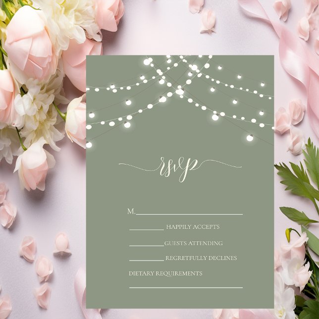 Invitation Simple String Lights Sage Green Wedding RSVP   (Créateur téléchargé)