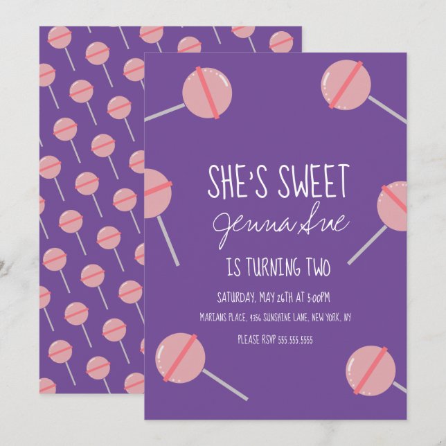 Invitation Simple Sucette Anniversaire Rose Fête (Devant / Derrière)