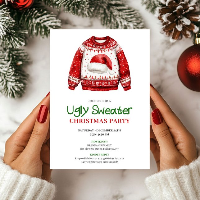 Invitation Simple Sweat de Noël drôle et laid pour soirée (Simple Funny Ugly Sweater Christmas Party)