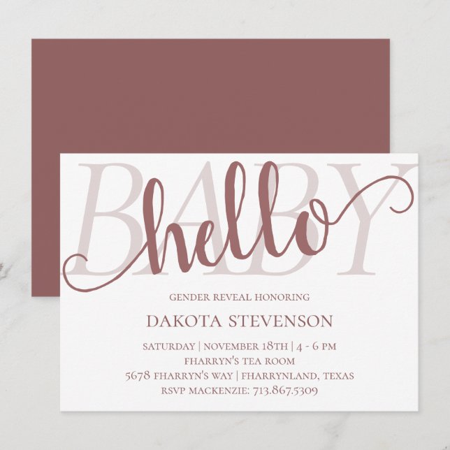 Invitation Simple Taupe Bonjour bébé | Script Mauve Rose du d (Devant / Derrière)
