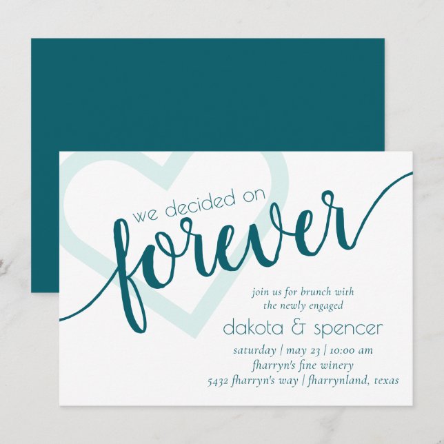 Invitation Simple Teal Forever | Brunch de mariage Green Hear (Devant / Derrière)