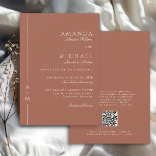 Invitation Simple Terracotta Elegant Monogramme QR code Maria