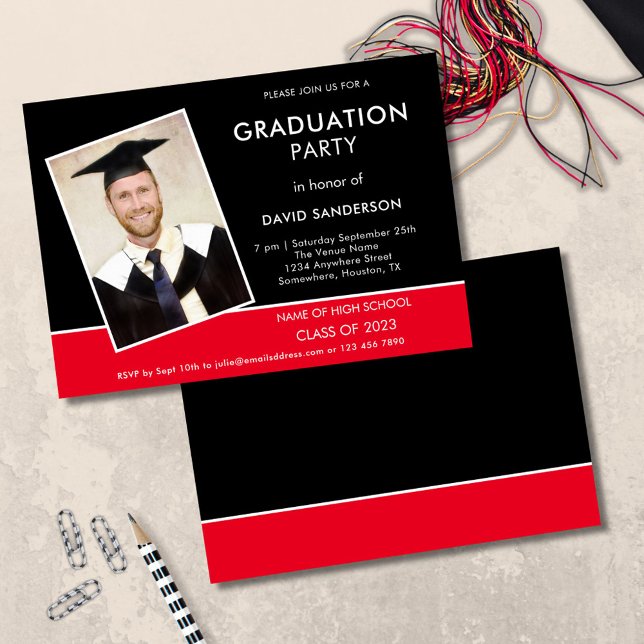 Invitation Simple Text Photo Gold Black Red 2023 Graduation (front and back view)