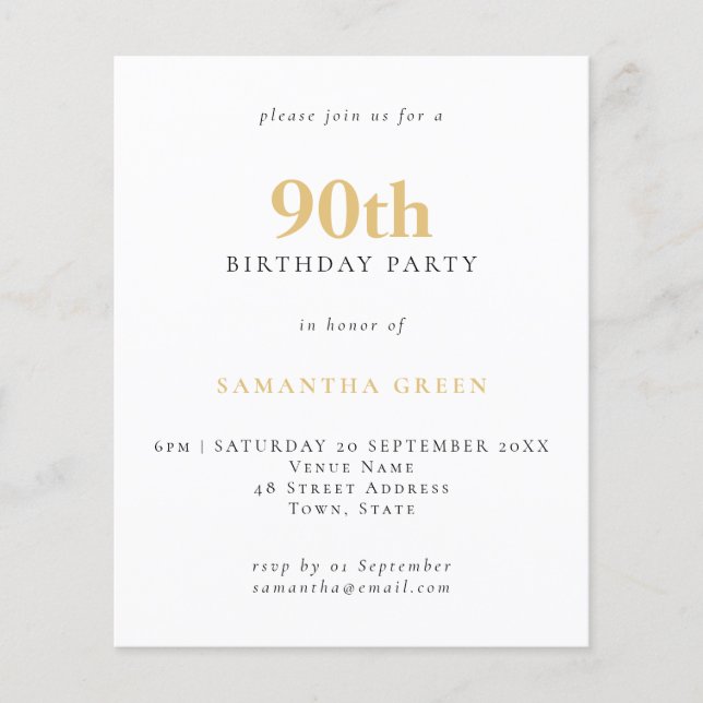 Invitation simple texte Budget Or Noir 90e Anniver (Devant)