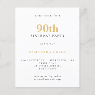 Invitation simple texte Budget Or Noir 90e Anniver
