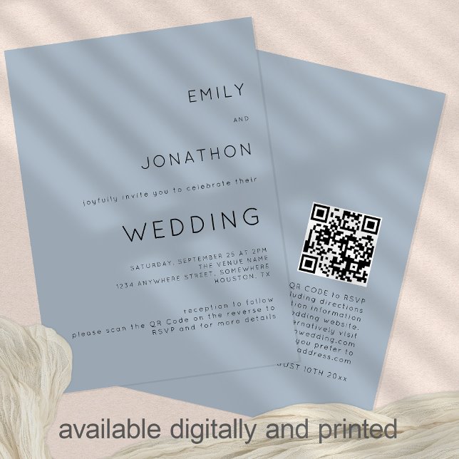 Invitation Simple Texte Code QR Bleu Poussiéreux Mariage (Créateur téléchargé)