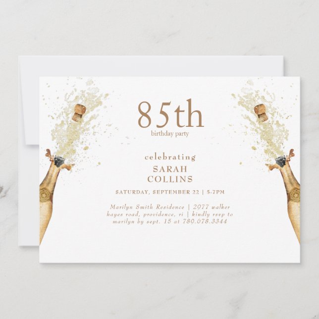 Invitation Simple Texte Doré Champagne Fête 85e Anniversaire  (Devant)