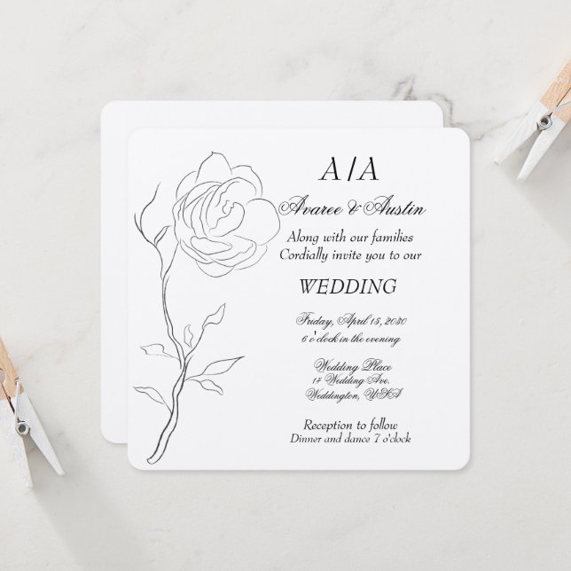 Invitation Simple tige de jasmin noir et blanc (Devant/Arrière en situation)