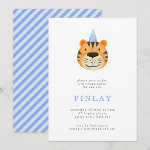Invitation Simple Tigre et Casquette de fête Blue Anniversair