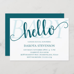 Invitation Simple Turquoise Hello Baby   Flouris bleu foncé